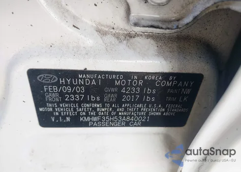2003 Hyundai Sonata Gls/Lx from USA, damaged, VIN KMHWF35H53A840021